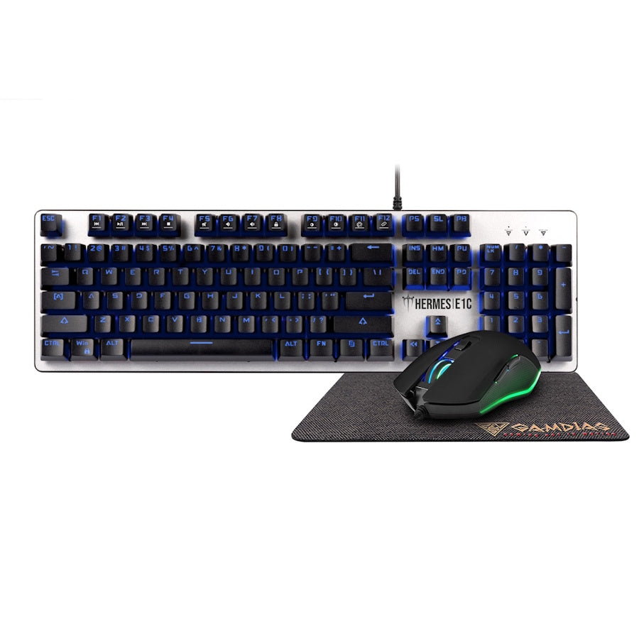 KIT GAMER TECLADO Y MOUSE GAMDIAS HERMES E1C, ALÁMBRICO, PLATA/NEGRO, USB